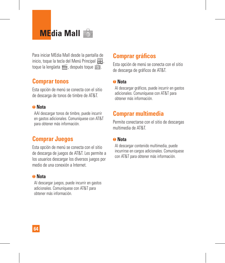 Media mall, Comprar tonos, Comprar juegos | Comprar gráfi cos, Comprar multimedia | LG GR500A User Manual | Page 212 / 298