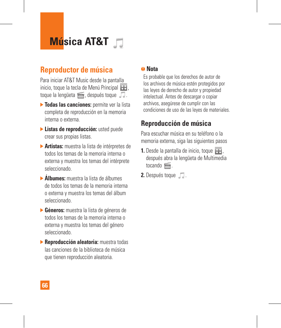 Música at&t, Reproductor de música, Reproducción de música | LG GR500A User Manual | Page 214 / 298