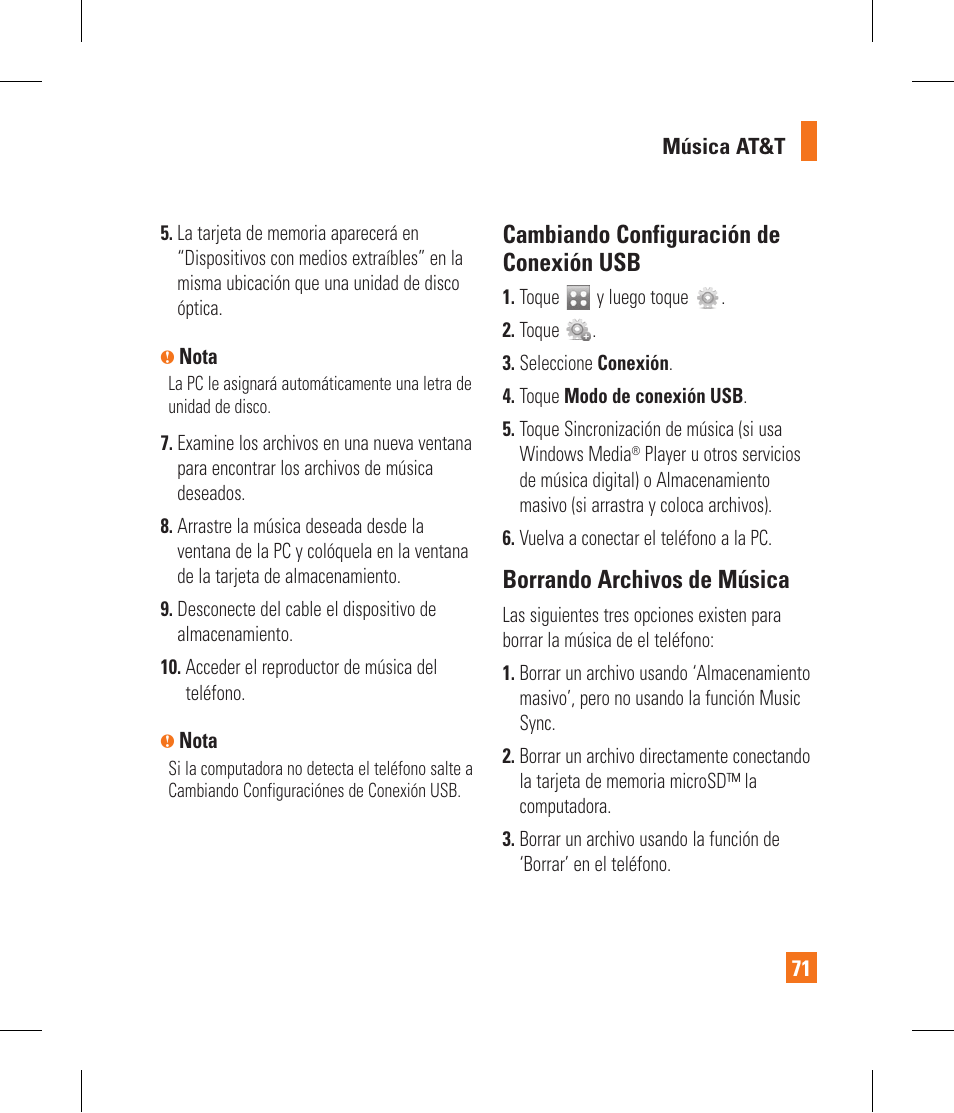 Cambiando configuración de conexión usb, Borrando archivos de música | LG GR500A User Manual | Page 219 / 298