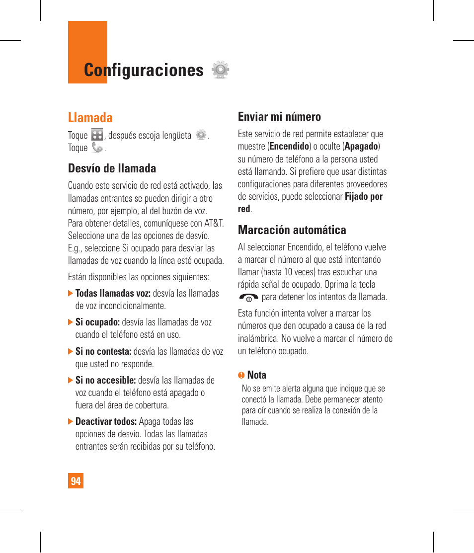 Configuraciones, Llamada, Desvío de llamada | Enviar mi número, Marcación automática | LG GR500A User Manual | Page 242 / 298