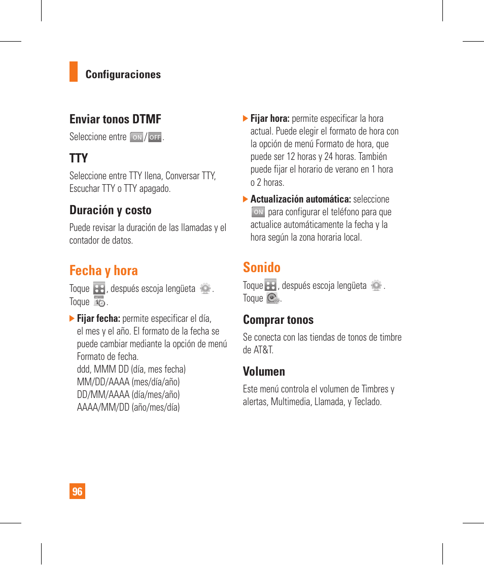 Fecha y hora, Sonido, Enviar tonos dtmf | Duración y costo, Comprar tonos, Volumen | LG GR500A User Manual | Page 244 / 298