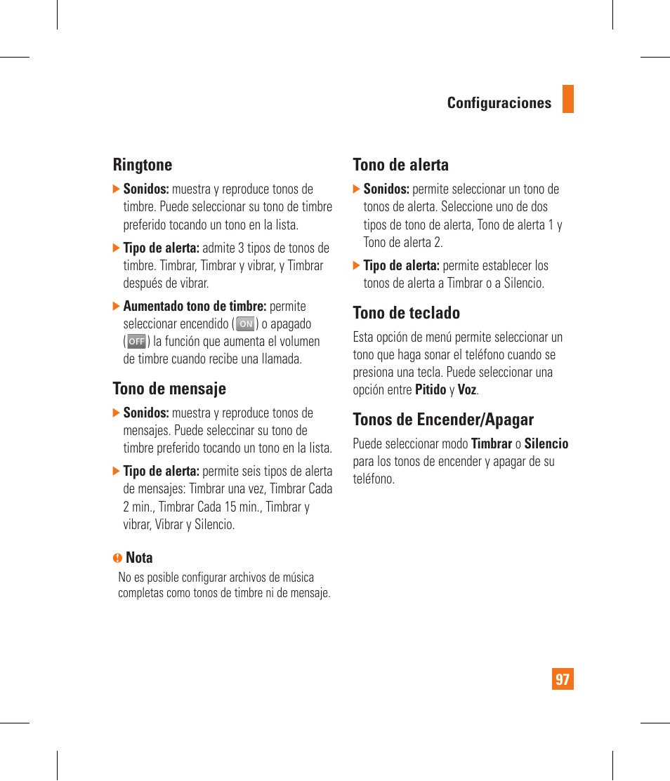 Ringtone, Tono de mensaje, Tono de alerta | Tono de teclado, Tonos de encender/apagar | LG GR500A User Manual | Page 245 / 298