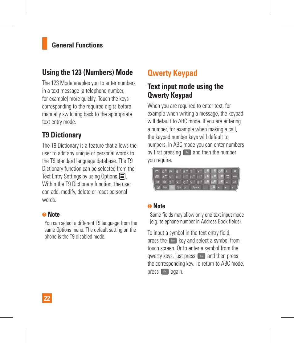 Qwerty keypad, Using the 123 (numbers) mode, T9 dictionary | Text input mode using the qwerty keypad | LG GR500A User Manual | Page 26 / 298