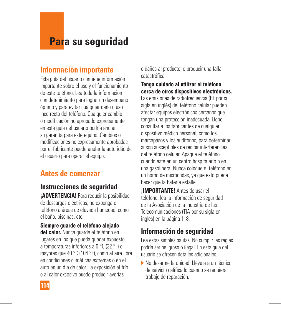 Para su seguridad, Información importante, Antes de comenzar | LG GR500A User Manual | Page 262 / 298