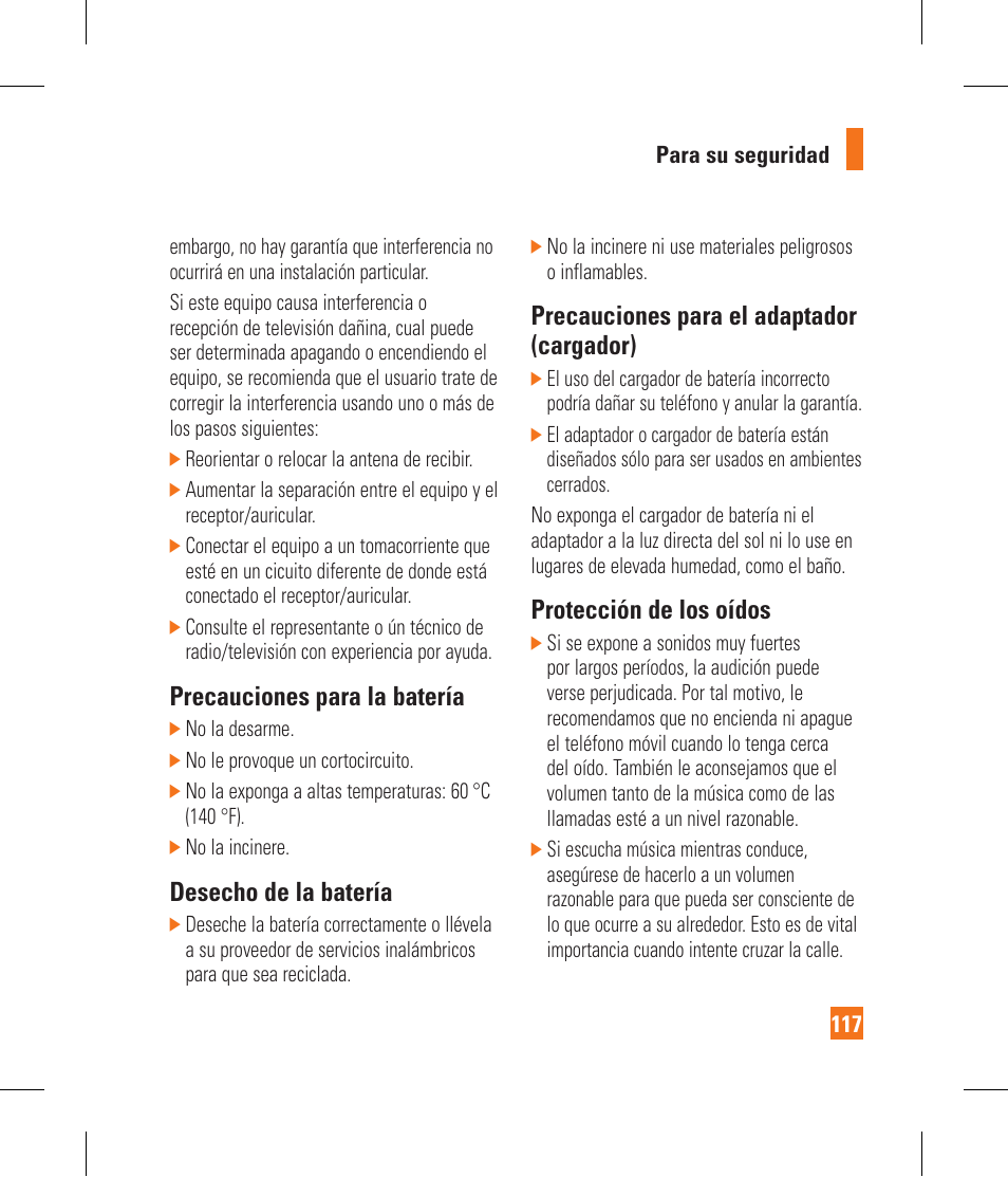 Precauciones para la batería, Desecho de la batería, Precauciones para el adaptador (cargador) | Protección de los oídos | LG GR500A User Manual | Page 265 / 298