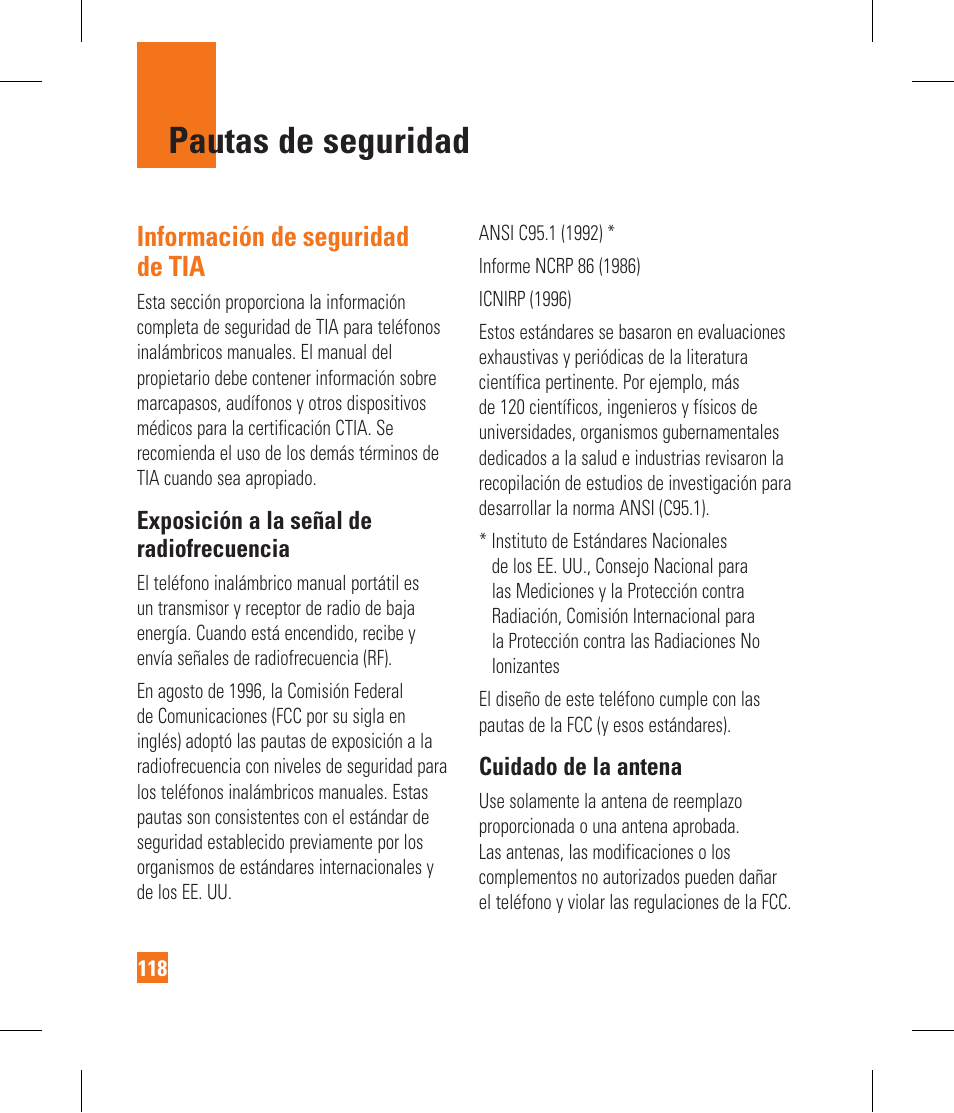 Pautas de seguridad, Información de seguridad de tia | LG GR500A User Manual | Page 266 / 298