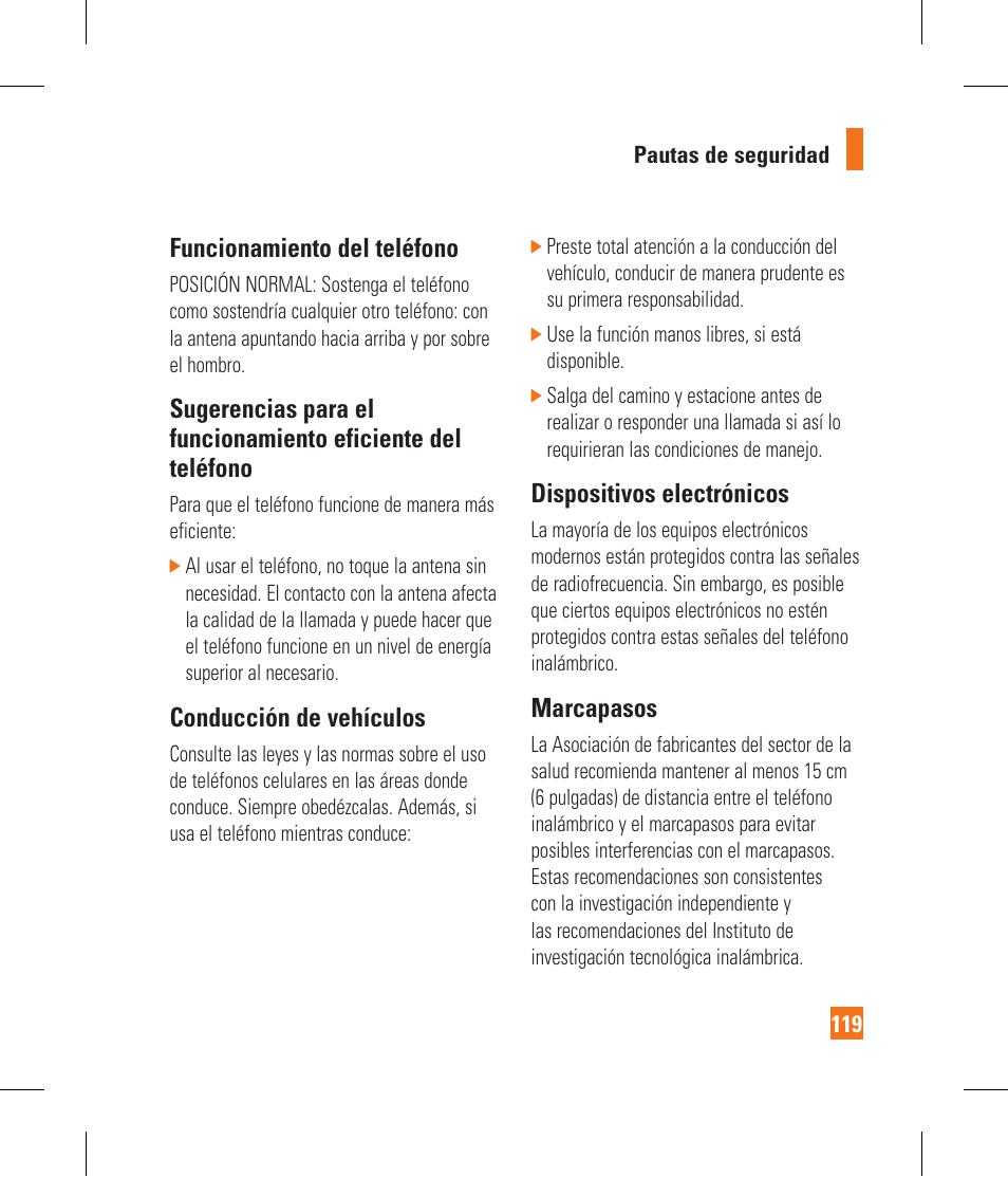 Funcionamiento del teléfono, Conducción de vehículos, Dispositivos electrónicos | Marcapasos | LG GR500A User Manual | Page 267 / 298