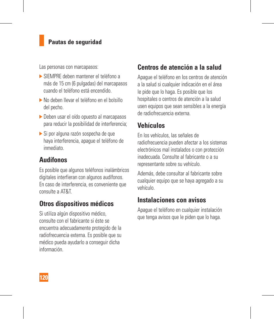 Audífonos, Otros dispositivos médicos, Centros de atención a la salud | Vehículos, Instalaciones con avisos | LG GR500A User Manual | Page 268 / 298