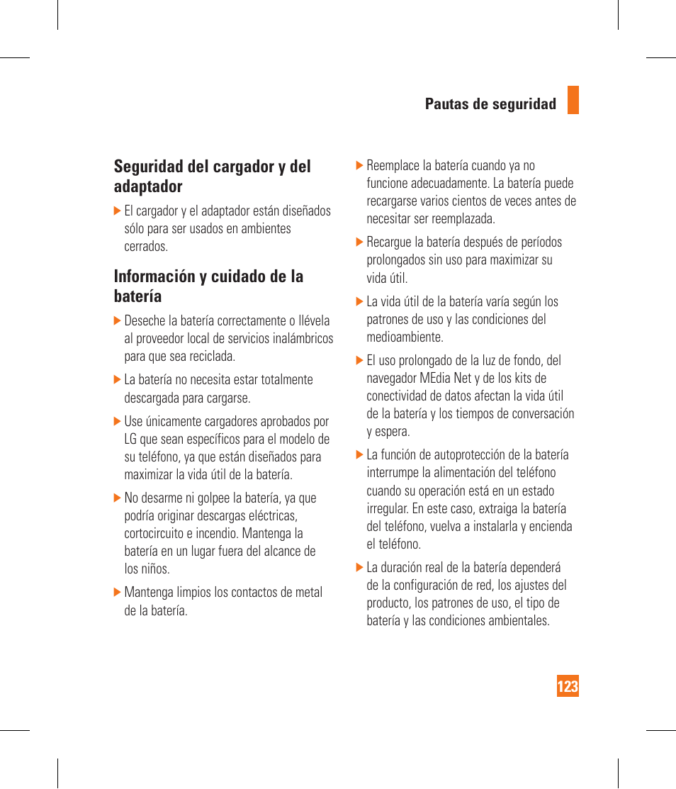 Seguridad del cargador y del adaptador, Información y cuidado de la batería | LG GR500A User Manual | Page 271 / 298