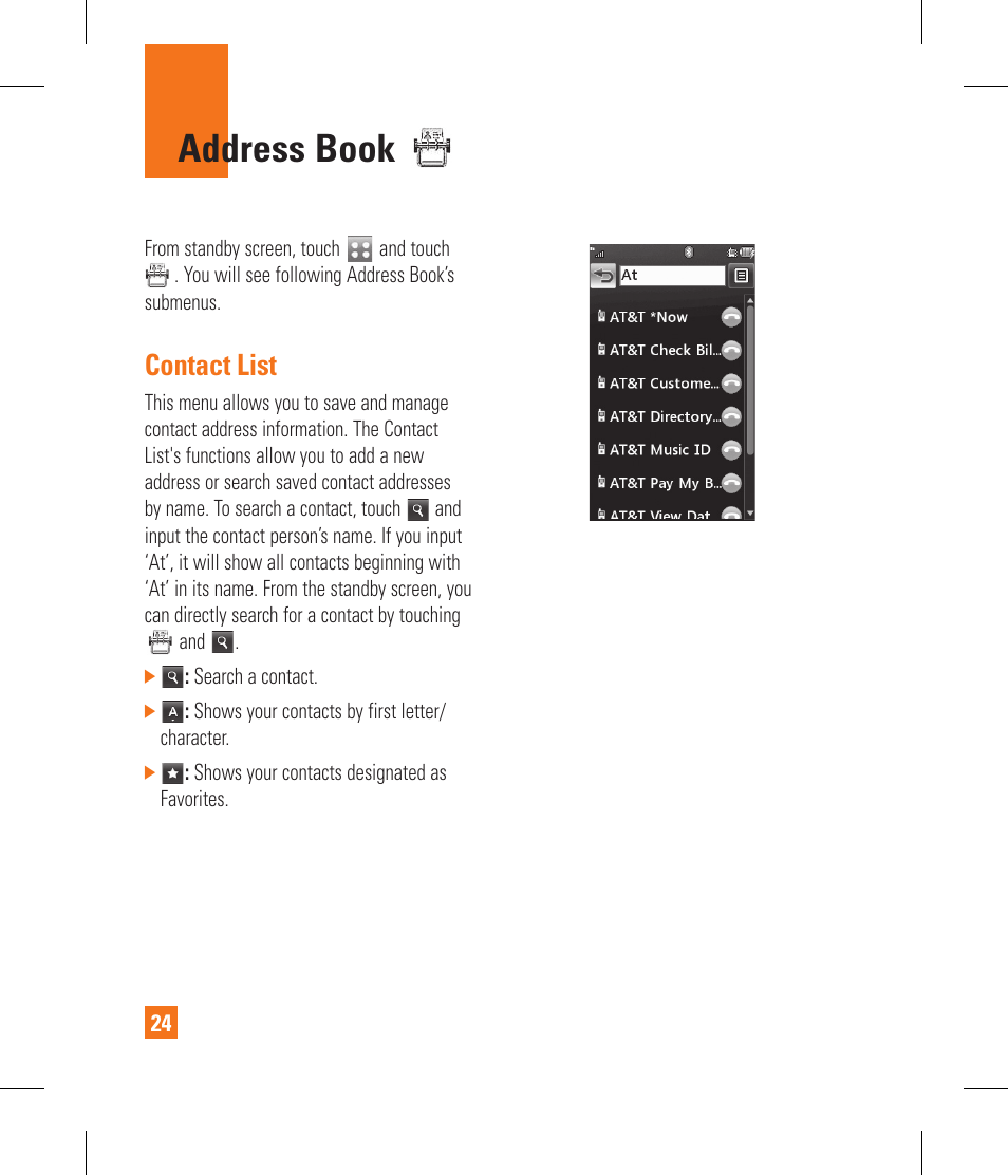 Address book, Contact list | LG GR500A User Manual | Page 28 / 298