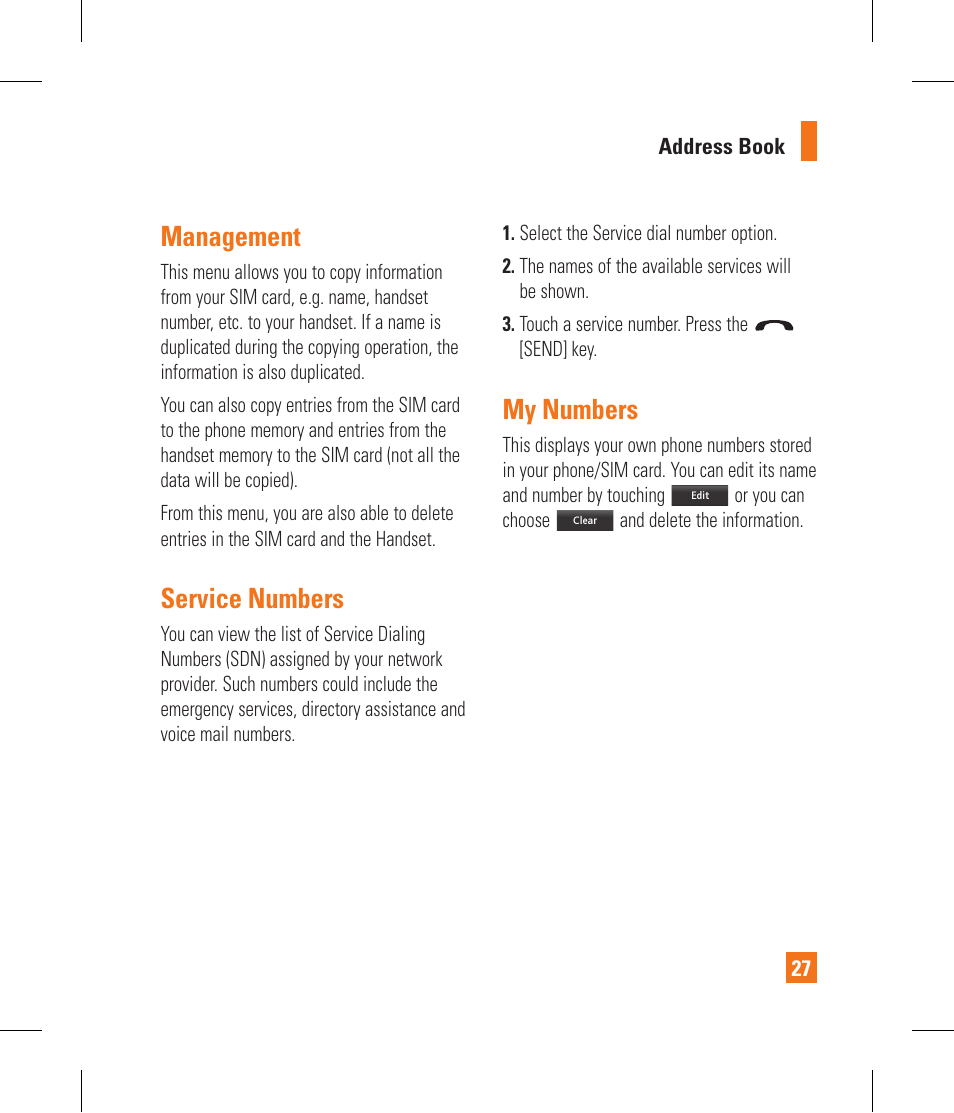 Management, Service numbers, My numbers | LG GR500A User Manual | Page 31 / 298