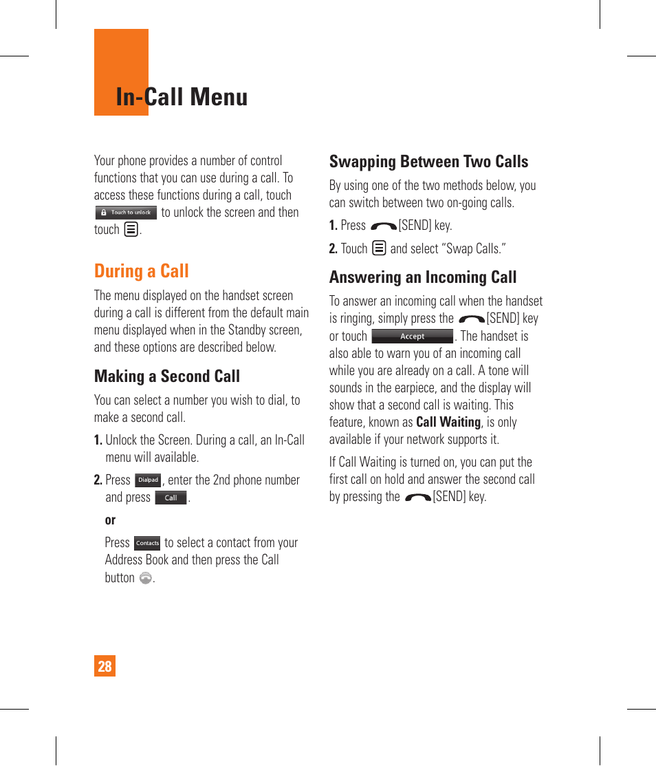 In-call menu, During a call, Making a second call | Swapping between two calls, Answering an incoming call | LG GR500A User Manual | Page 32 / 298