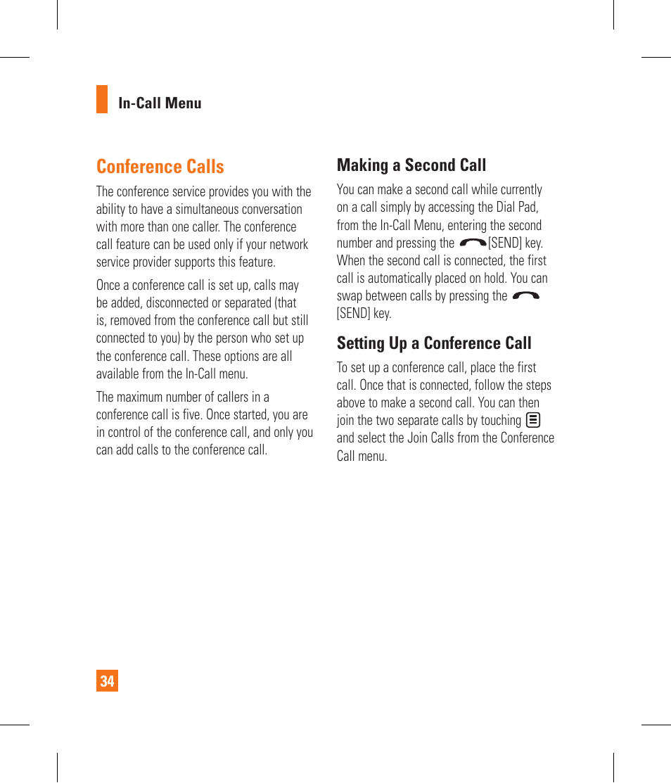 Conference calls, Making a second call, Setting up a conference call | LG GR500A User Manual | Page 38 / 298