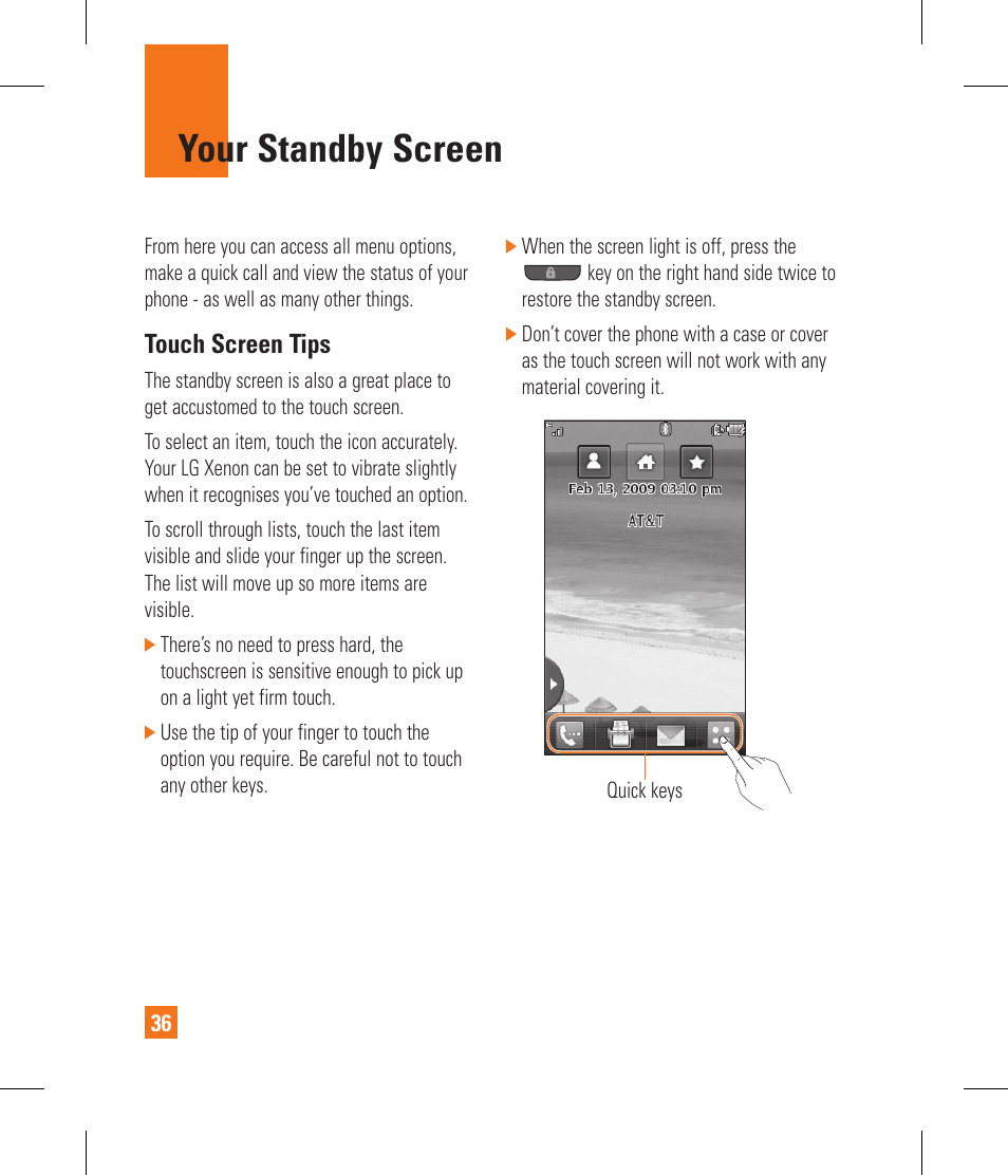 Your standby screen, Touch screen tips | LG GR500A User Manual | Page 40 / 298