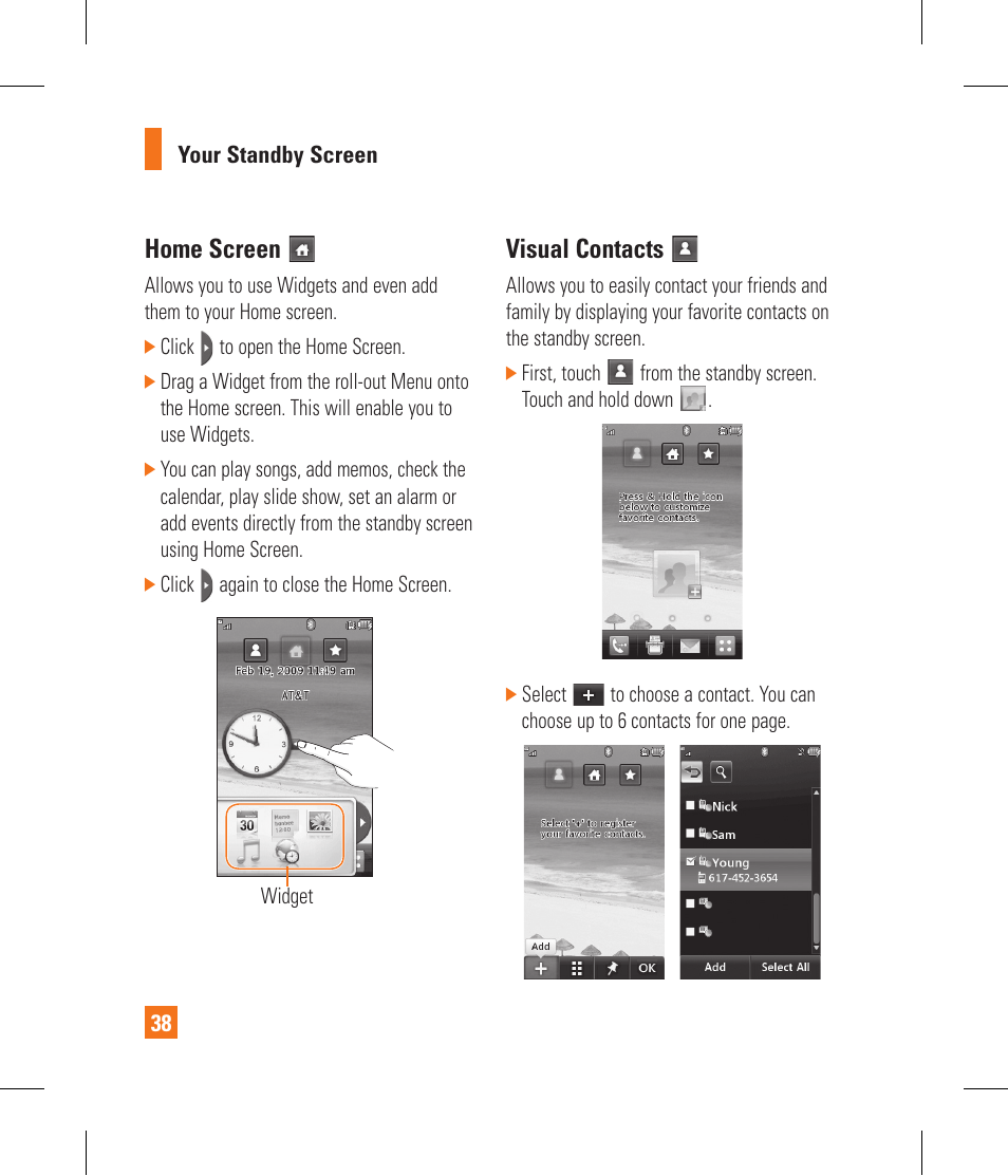 Home screen, Visual contacts | LG GR500A User Manual | Page 42 / 298