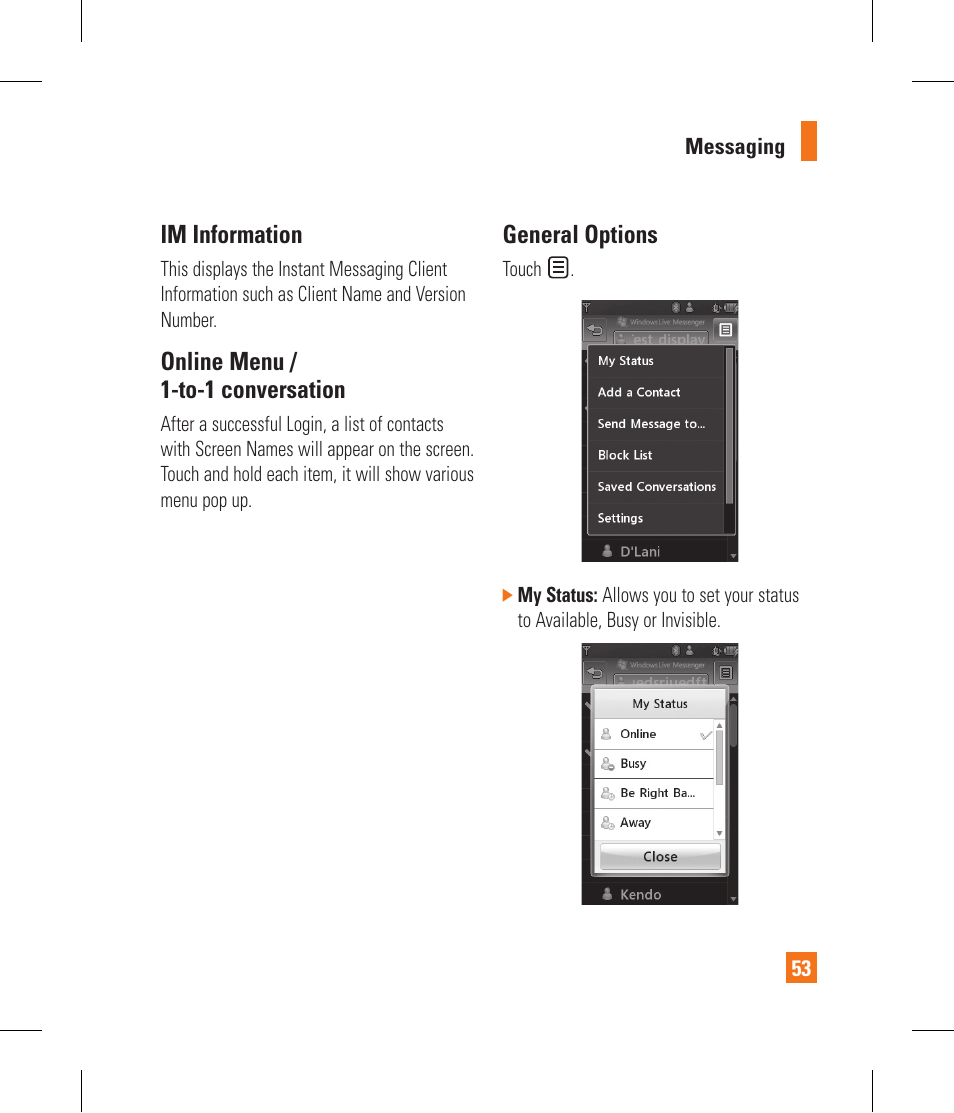 Im information, Online menu / 1-to-1 conversation, General options | LG GR500A User Manual | Page 57 / 298