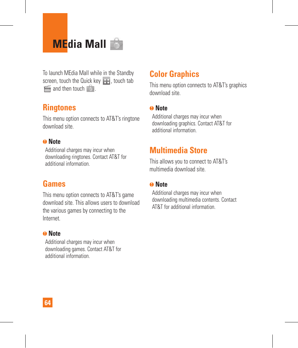 Media mall, Ringtones, Games | Color graphics, Multimedia store | LG GR500A User Manual | Page 68 / 298