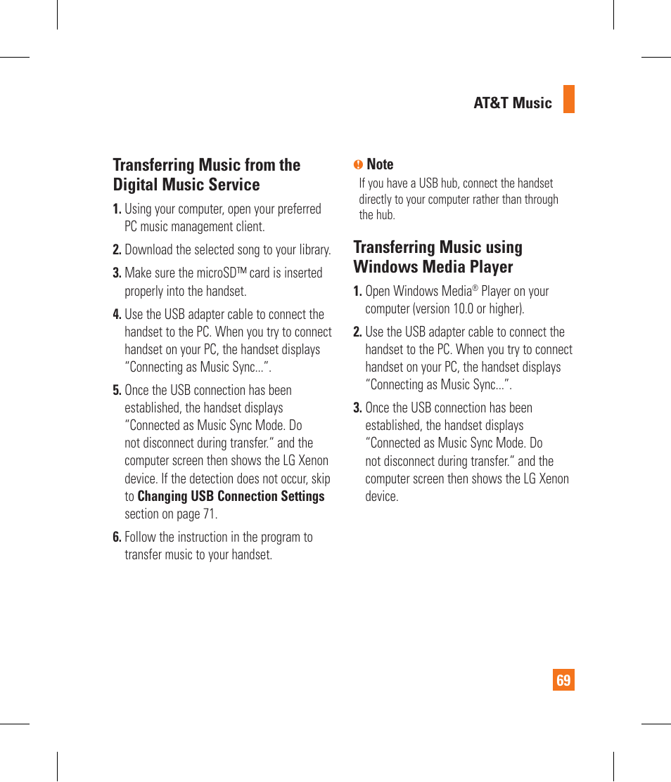 Transferring music from the digital music service, Transferring music using windows media player | LG GR500A User Manual | Page 73 / 298