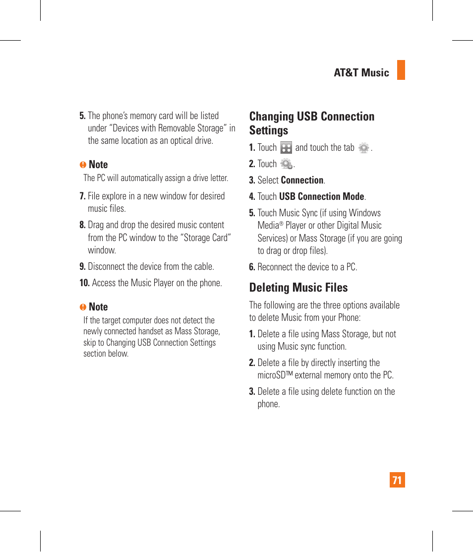 Changing usb connection settings, Deleting music files | LG GR500A User Manual | Page 75 / 298