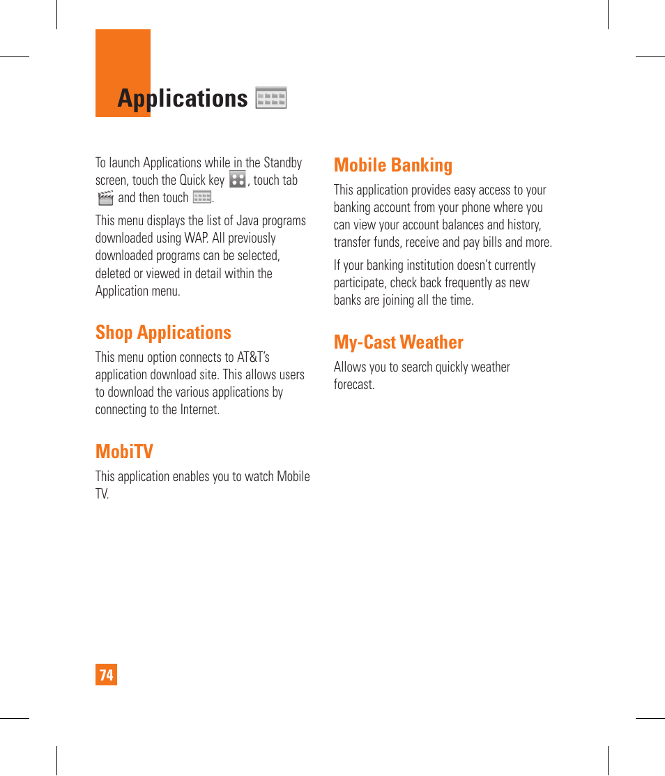 Applications, Shop applications, Mobitv | Mobile banking, My-cast weather | LG GR500A User Manual | Page 78 / 298