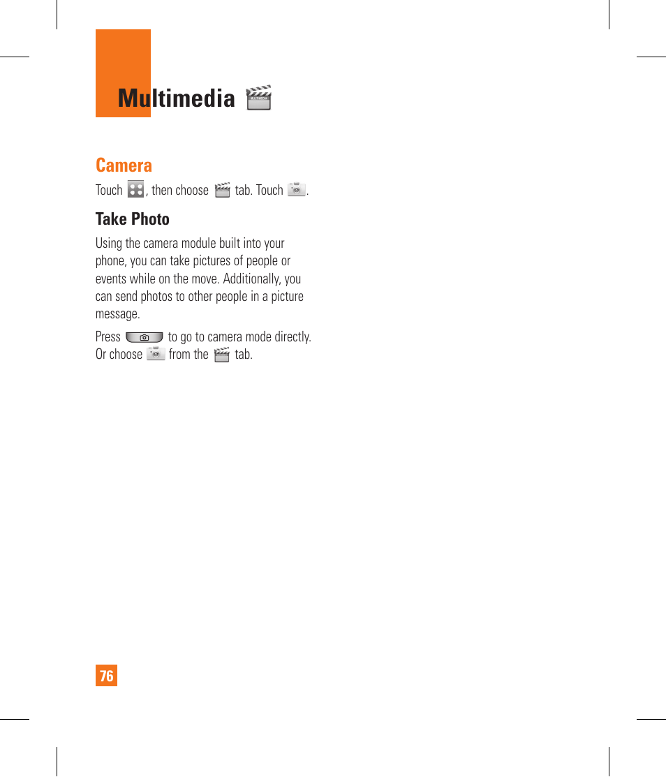 Multimedia, Camera | LG GR500A User Manual | Page 80 / 298