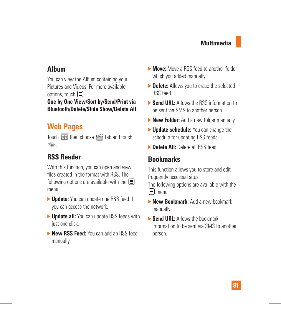 Web pages, Album, Rss reader | Bookmarks | LG GR500A User Manual | Page 85 / 298