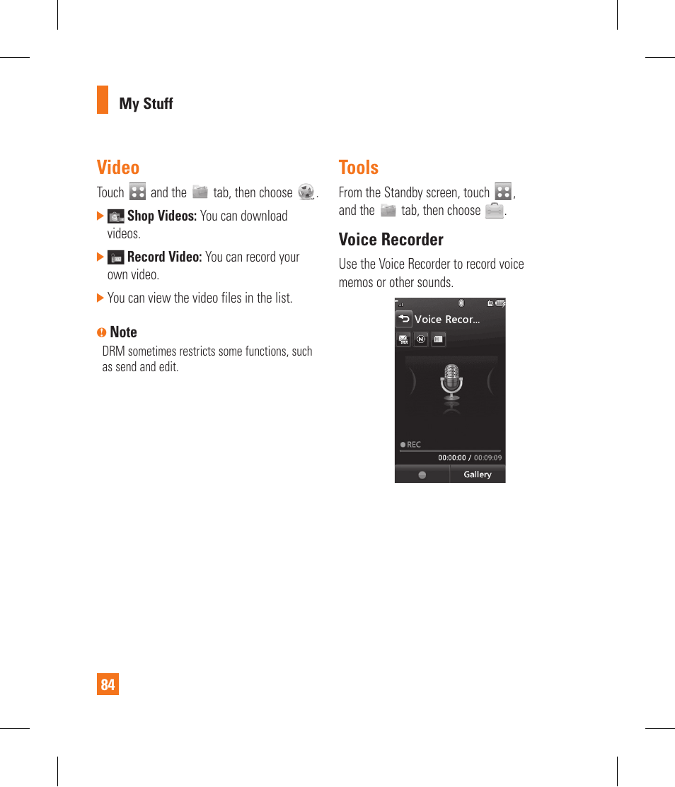 Video, Tools, Voice recorder | LG GR500A User Manual | Page 88 / 298