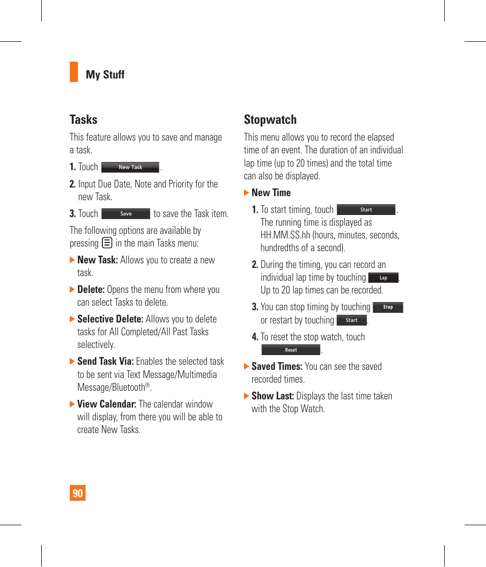 Tasks, Stopwatch | LG GR500A User Manual | Page 94 / 298