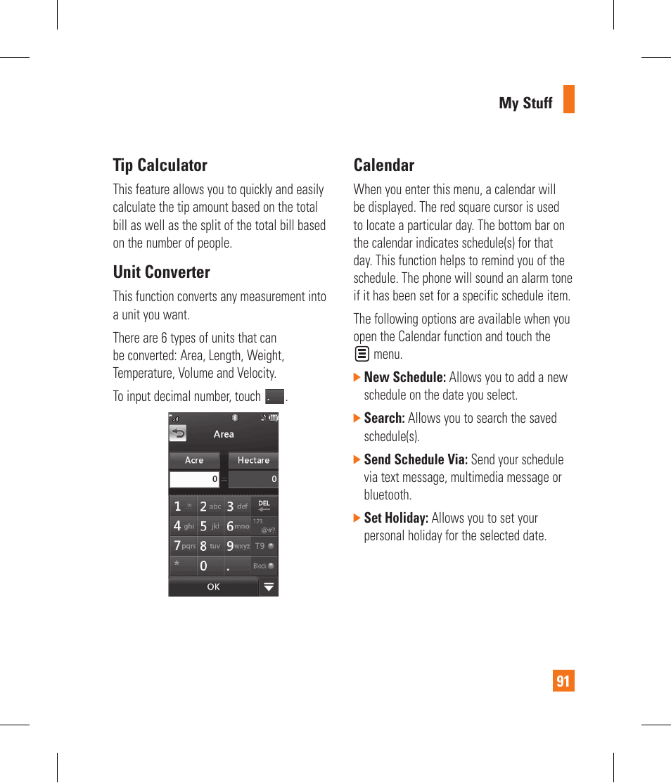 Tip calculator, Unit converter, Calendar | LG GR500A User Manual | Page 95 / 298