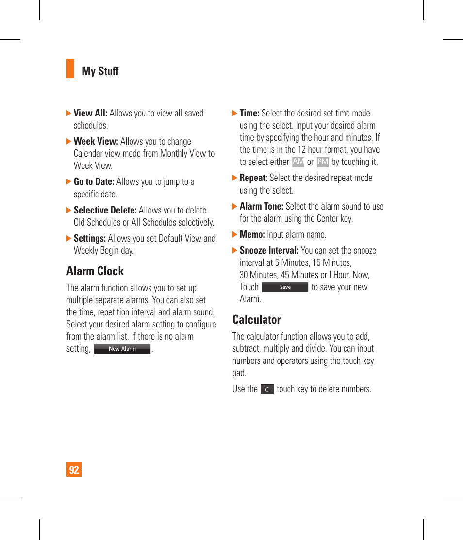 Alarm clock, Calculator | LG GR500A User Manual | Page 96 / 298
