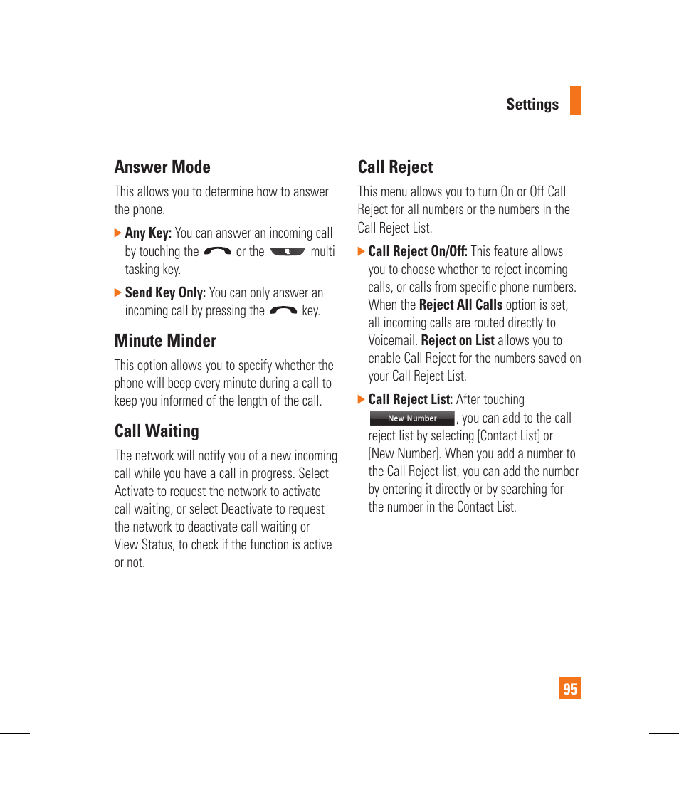 Answer mode, Minute minder, Call waiting | Call reject | LG GR500A User Manual | Page 99 / 298