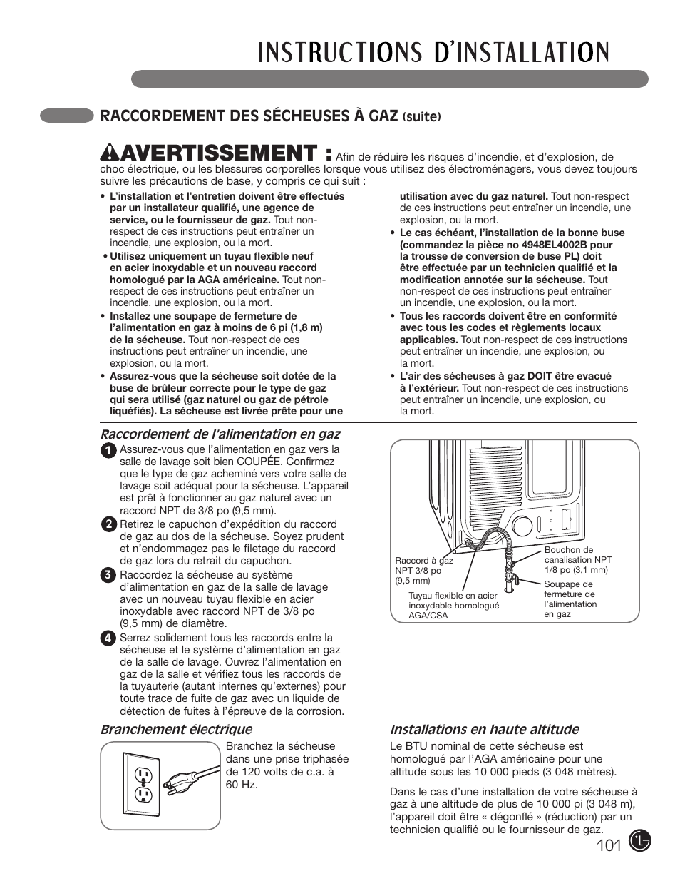 Wavertissement, Raccordement des sécheuses à gaz | LG DLE2050W User Manual | Page 101 / 124