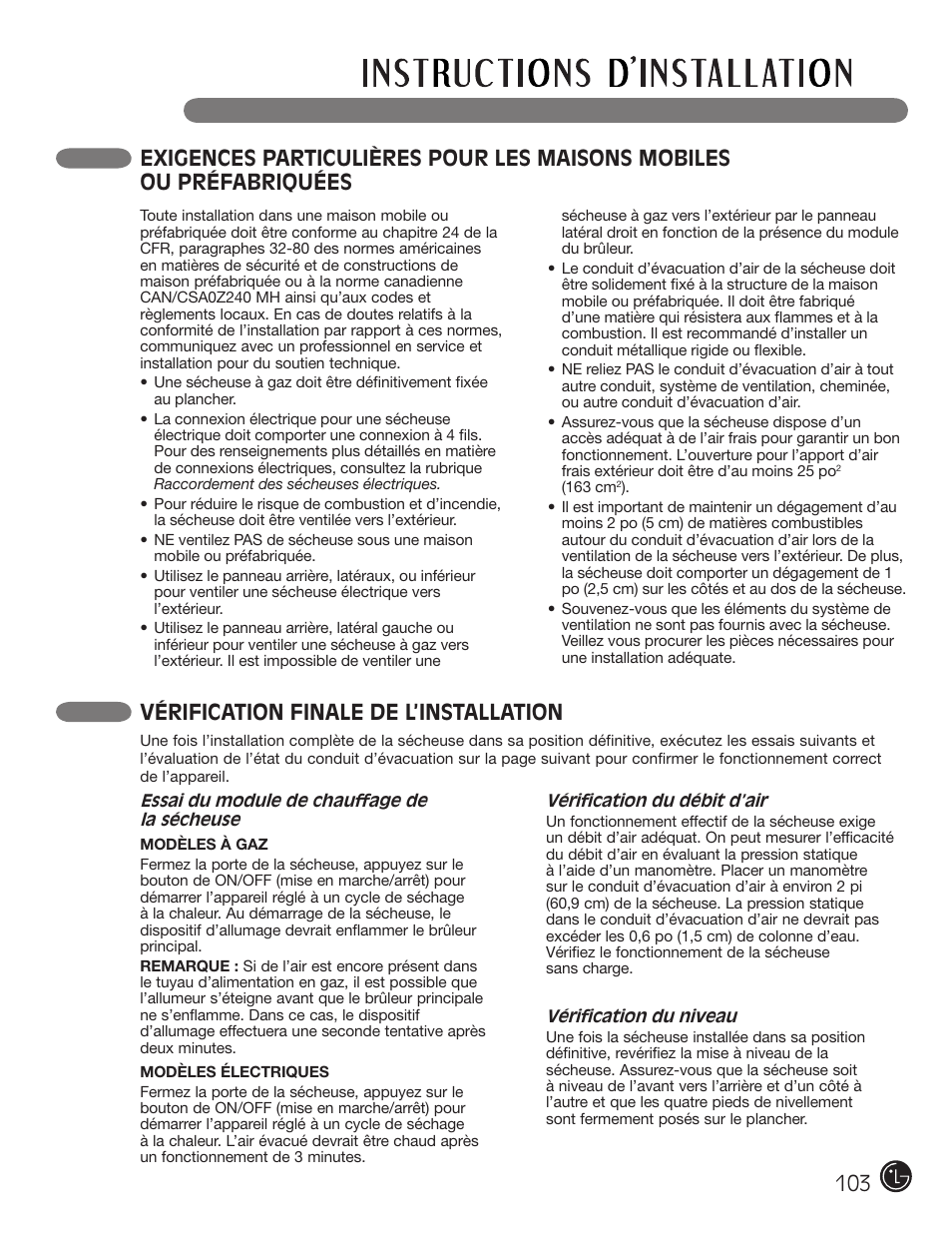 Vérification finale de l’installation | LG DLE2050W User Manual | Page 103 / 124
