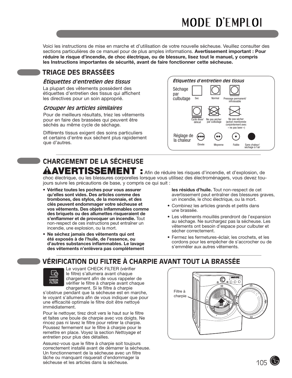 Wavertissement, Chargement de la sécheuse, Triage des brassées | LG DLE2050W User Manual | Page 105 / 124
