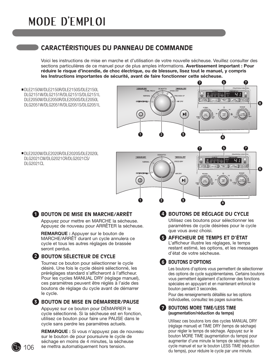 Caractéristiques du panneau de commande | LG DLE2050W User Manual | Page 106 / 124