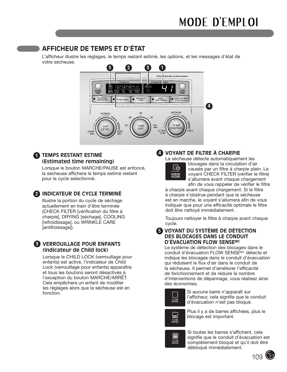 Afficheur de temps et d’état | LG DLE2050W User Manual | Page 109 / 124