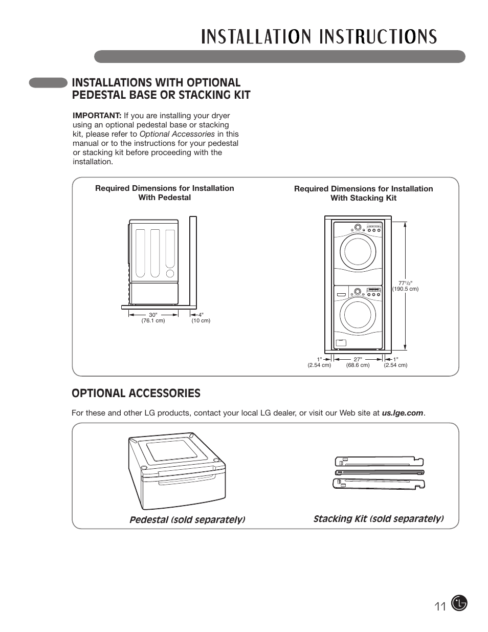 Optional accessories | LG DLE2050W User Manual | Page 11 / 124