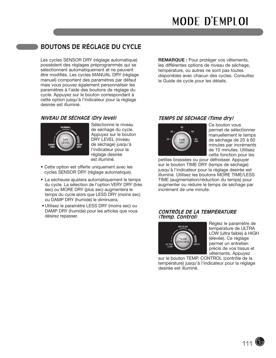 Boutons de réglage du cycle | LG DLE2050W User Manual | Page 111 / 124