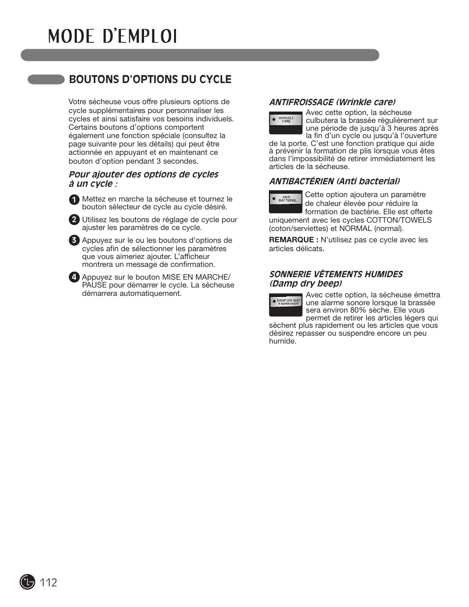 Boutons d’options du cycle | LG DLE2050W User Manual | Page 112 / 124