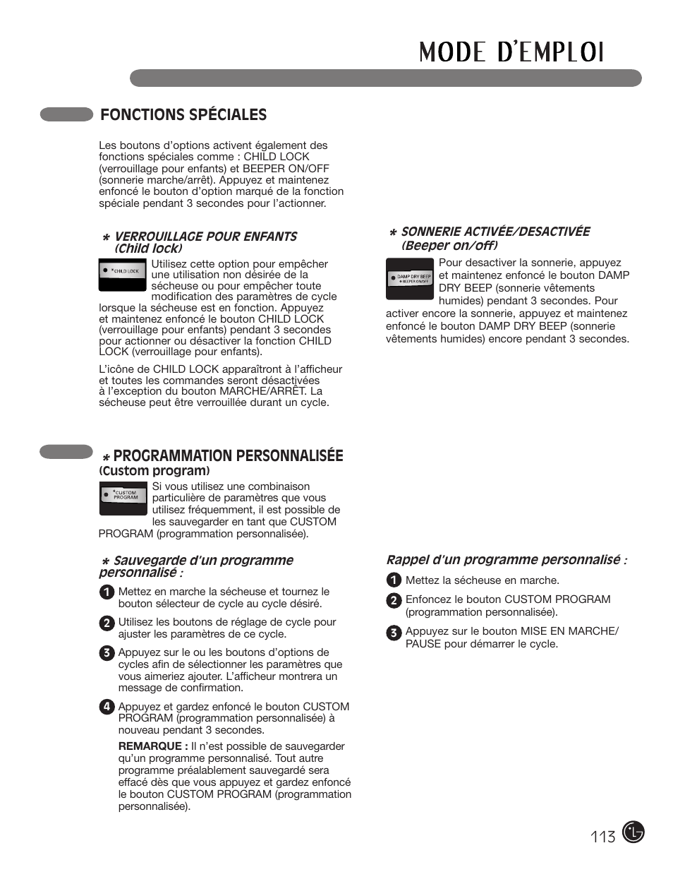 Programmation personnalisée, Fonctions spéciales | LG DLE2050W User Manual | Page 113 / 124