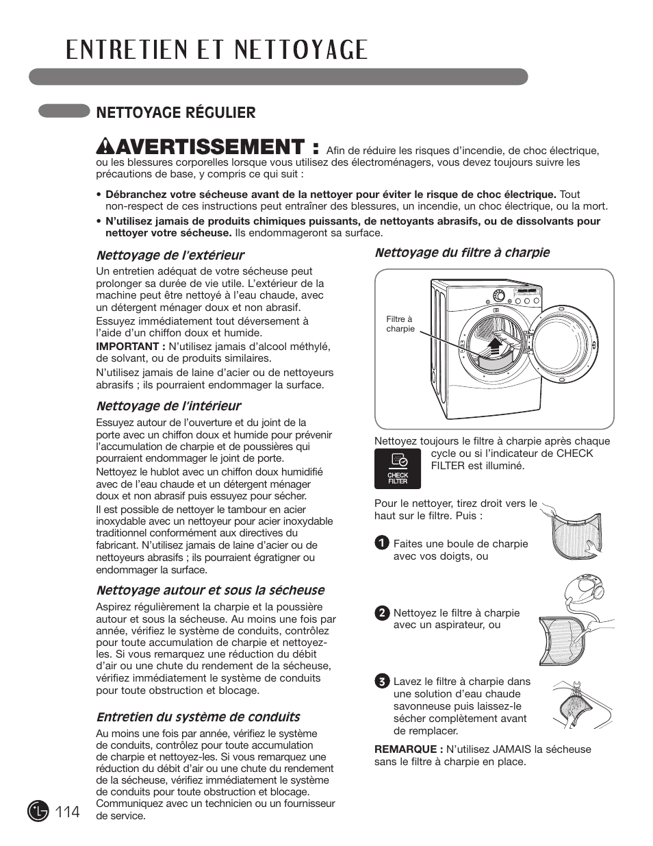 Wavertissement, Nettoyage régulier | LG DLE2050W User Manual | Page 114 / 124