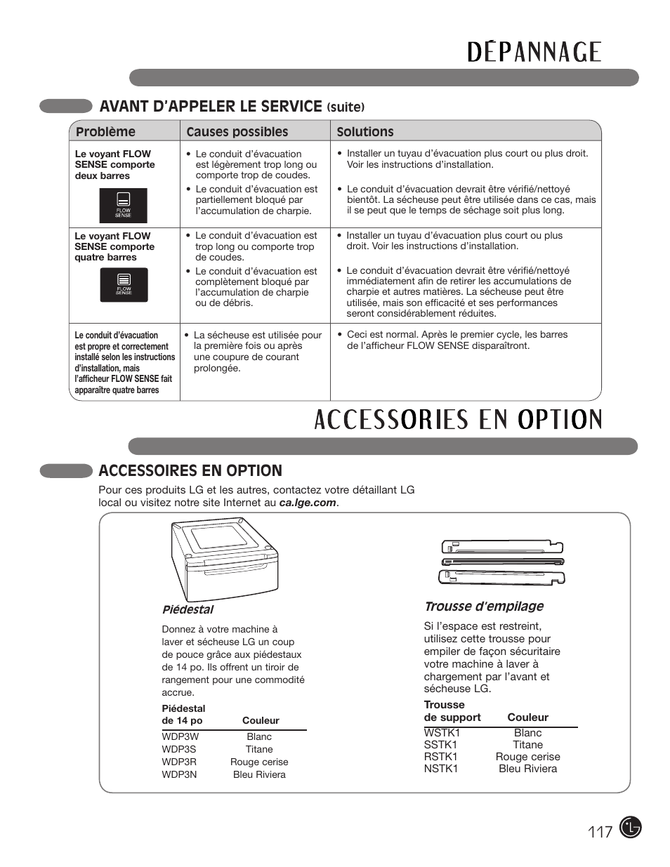 Avant d’appeler le service, Accessoires en option | LG DLE2050W User Manual | Page 117 / 124
