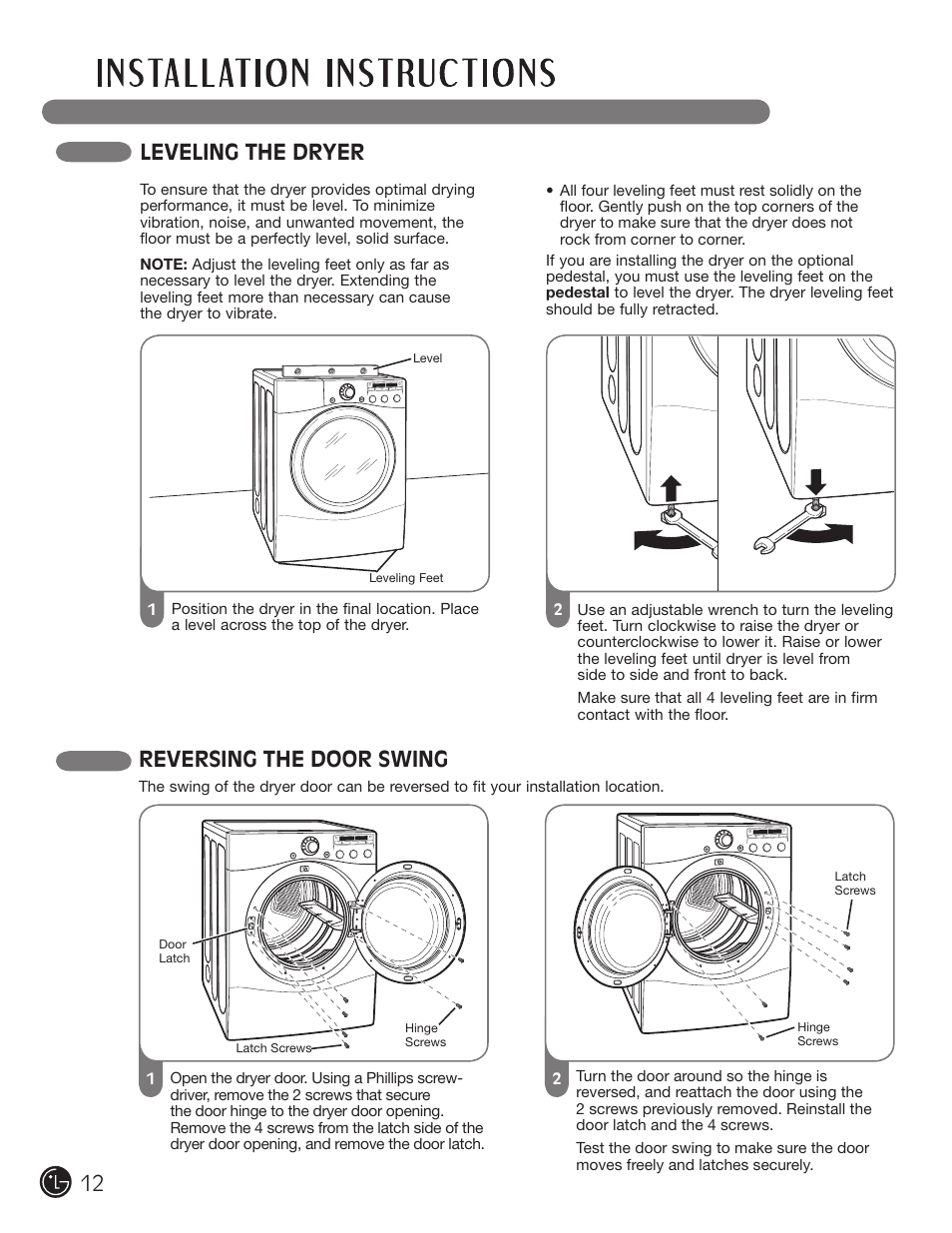 Leveling the dryer, Reversing the door swing | LG DLE2050W User Manual | Page 12 / 124