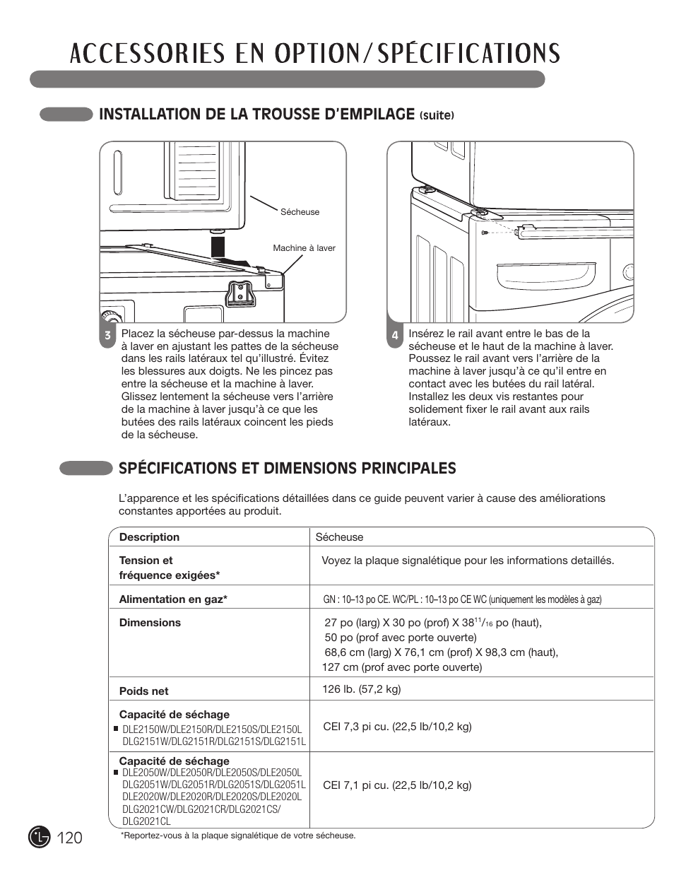 Installation de la trousse d’empilage, Spécifications et dimensions principales | LG DLE2050W User Manual | Page 120 / 124
