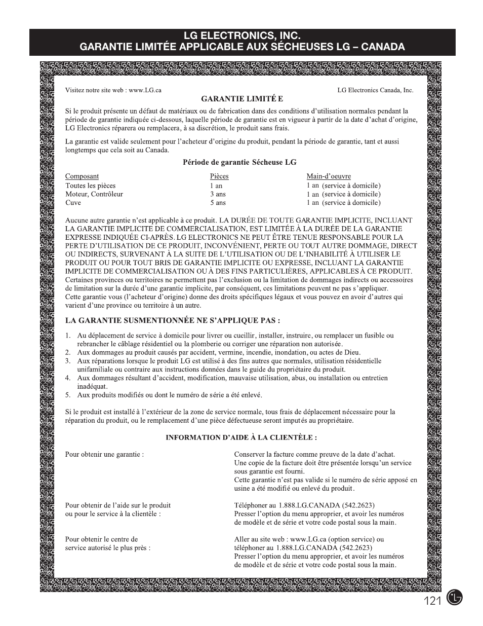 Spécifications et dimensions principales | LG DLE2050W User Manual | Page 121 / 124