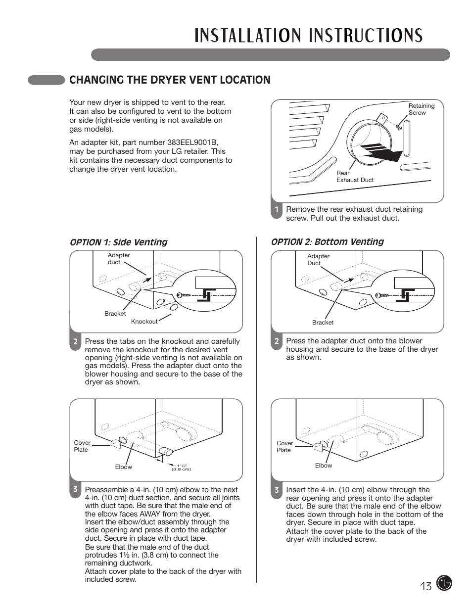 Changing the dryer vent location | LG DLE2050W User Manual | Page 13 / 124