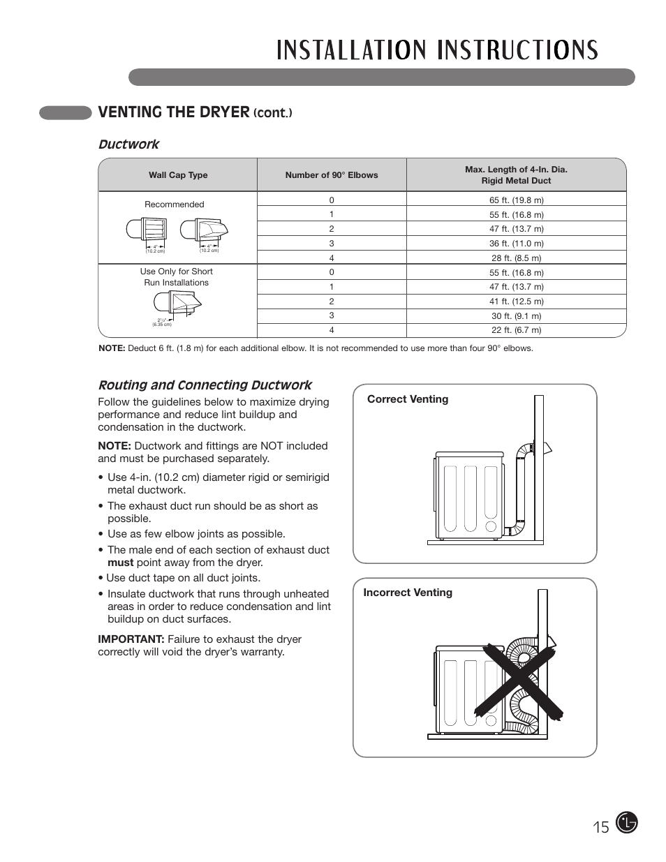 Venting the dryer, Routing and connecting ductwork, Cont.) | Ductwork | LG DLE2050W User Manual | Page 15 / 124