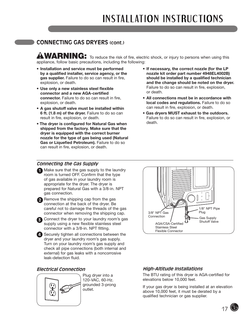 Wwarning, Connecting gas dryers | LG DLE2050W User Manual | Page 17 / 124