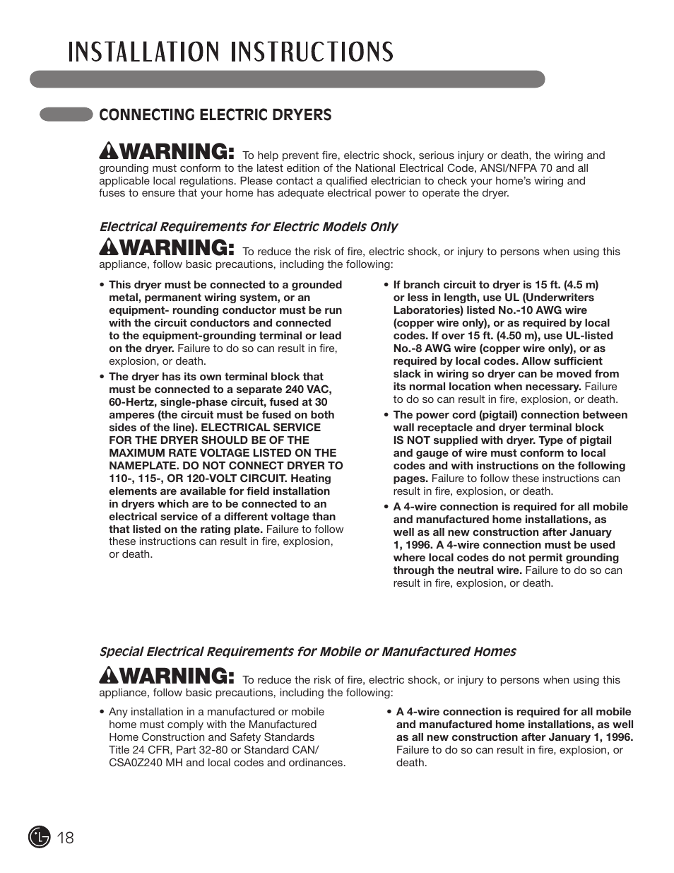 Wwarning, Connecting electric dryers | LG DLE2050W User Manual | Page 18 / 124