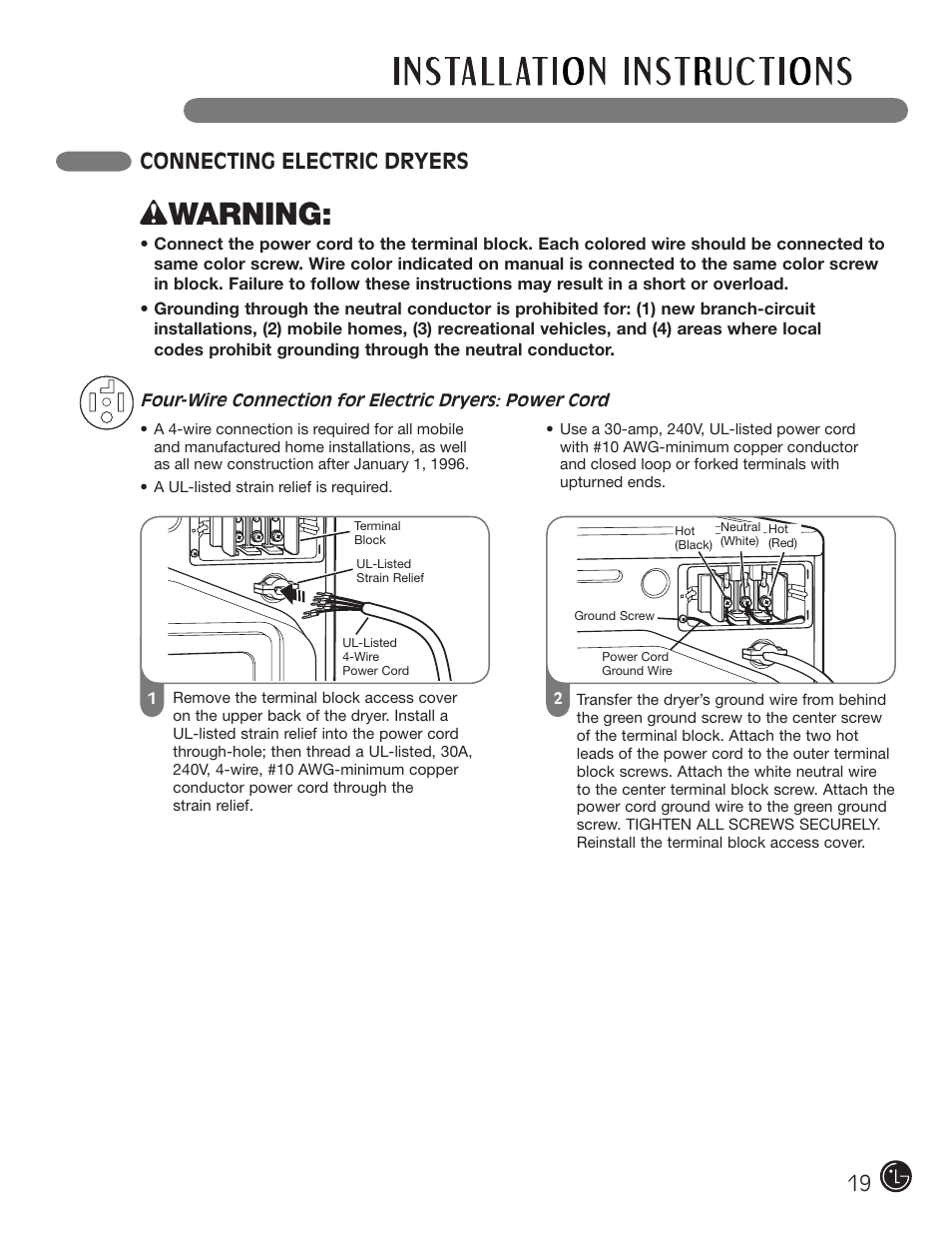 Wwarning, Connecting electric dryers | LG DLE2050W User Manual | Page 19 / 124